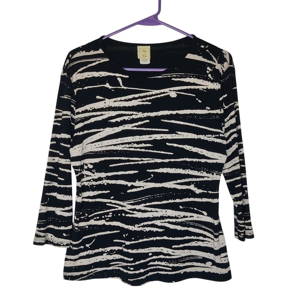 Jess & Jane Zebra Lines Rhinestone Y2K 3/4 Sleeve Top Medium Artsy Eclectic